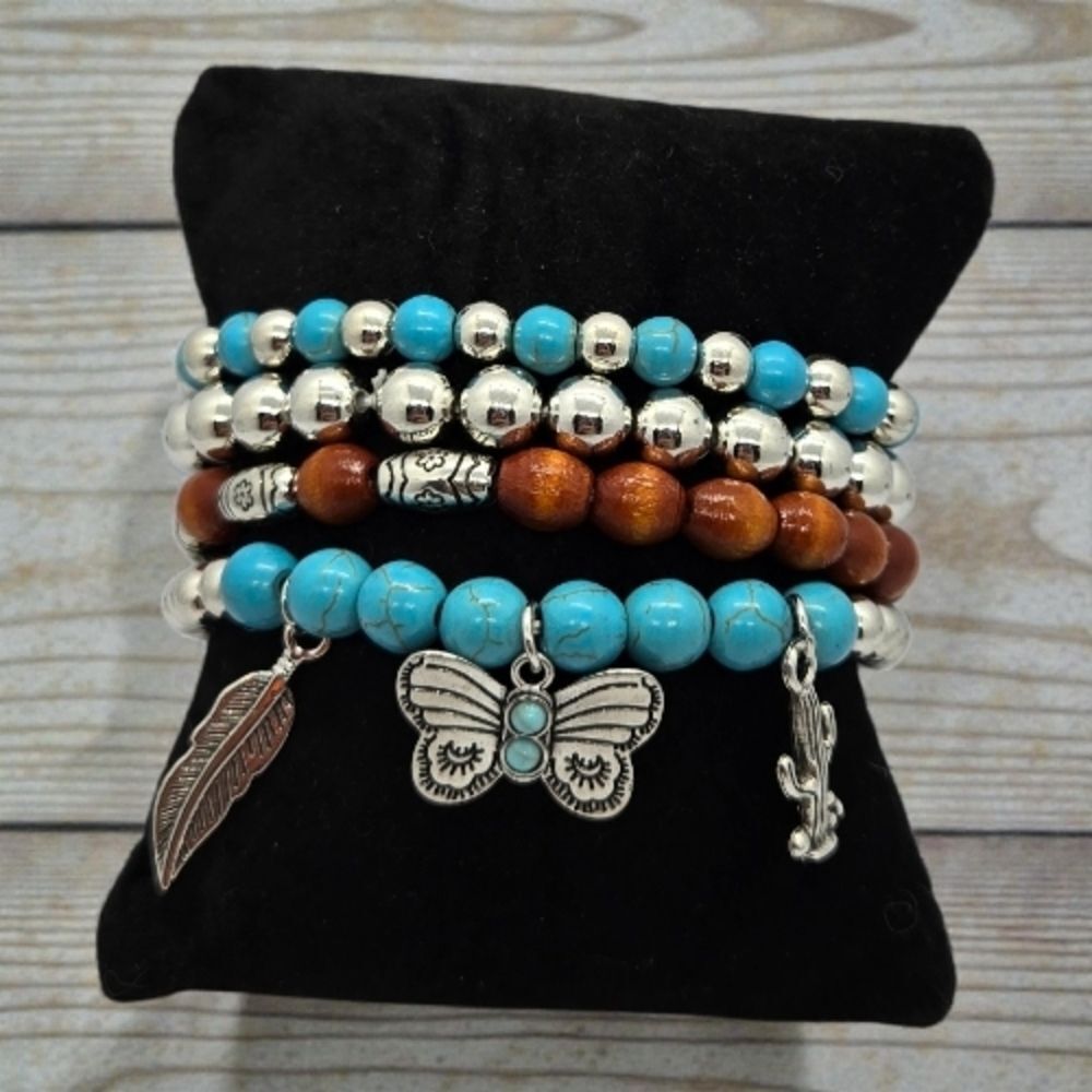 Boho Beaded Stacked Bracelets Set 4 Cactus Feather Butterfly Charm Turquoise NWT